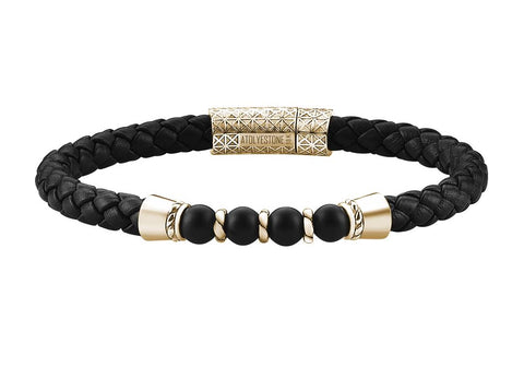 Men's Black Braided Nappa Leather Agate Beaded Bracelet with Golden Details