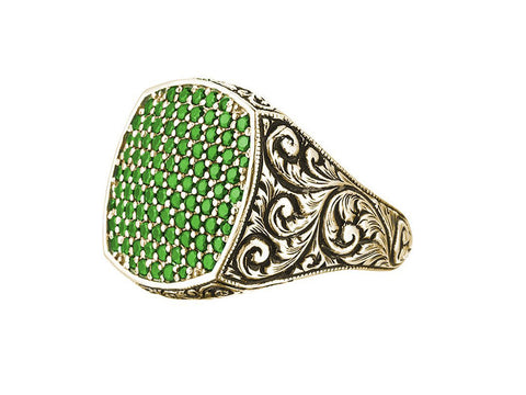 Men's Classic Cushion Pave Ring in Solid Gold - Emerald