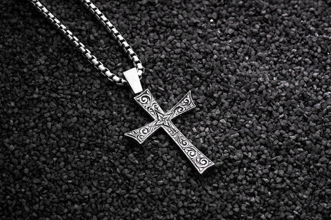 925 Sterling Silver Carved Cross Necklace for Men