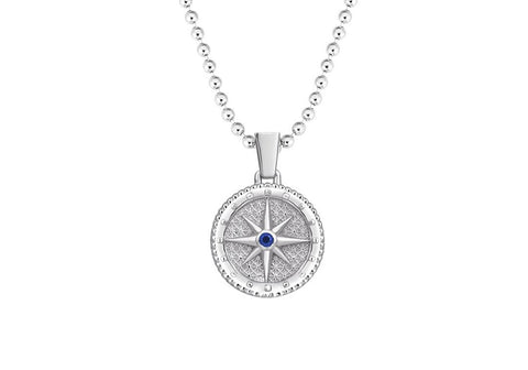 Compass Necklace Pendant in White Gold with a Blue Cubic Zirconia