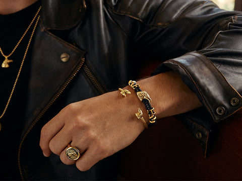 Men's Statement Eagle Leather Bracelet in Gold