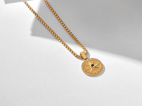 Men's Nautical Circle Compass Medal Pendant in Solid Gold
