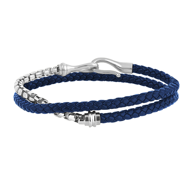 Men's 14k Solid White Gold Box Chain & Fish Hook Blue Leather Wrap Bracelet