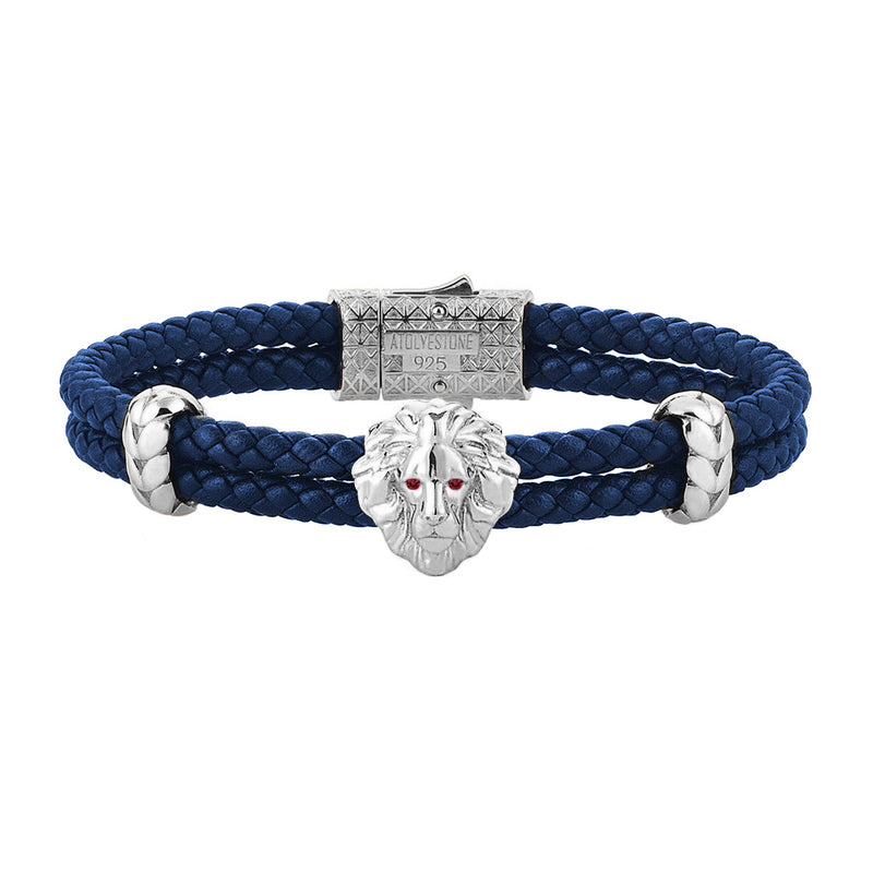 Diamond Leo Leather Bracelet - White Gold - Blue Leather - Ruby