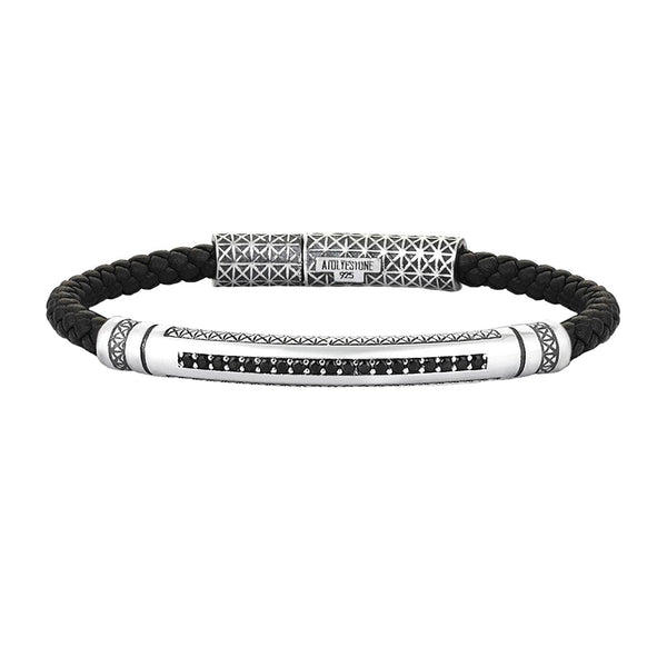 Men's Leather Bracelet with CZ Paved Silver Band - Atolyestone