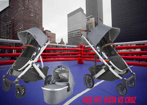 Face off of vista and cruz strollers - two strollers in a boxing ring in the city