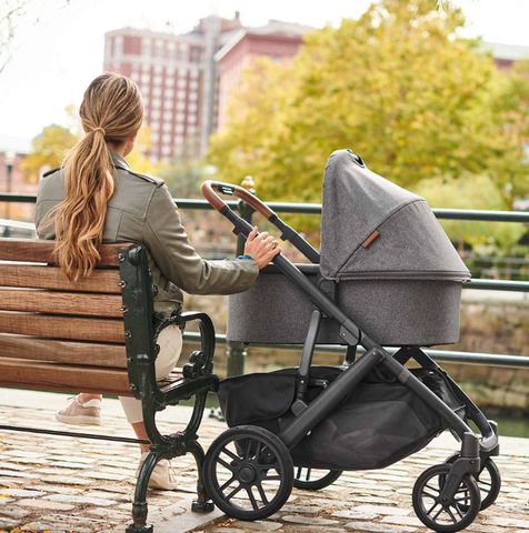 woman sitting next to vista stroller in bassinet configuration