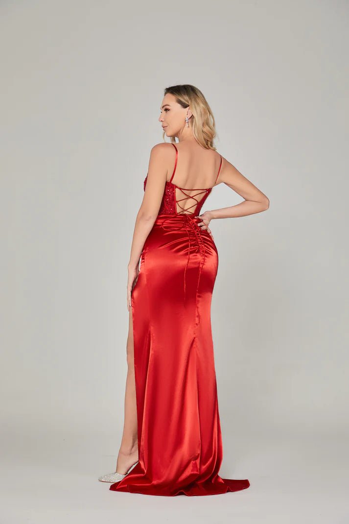 CD CD0176 - Stretch Satin Fit & Flare Prom Gown with Ruched Waist Shee –  Diggz Formals