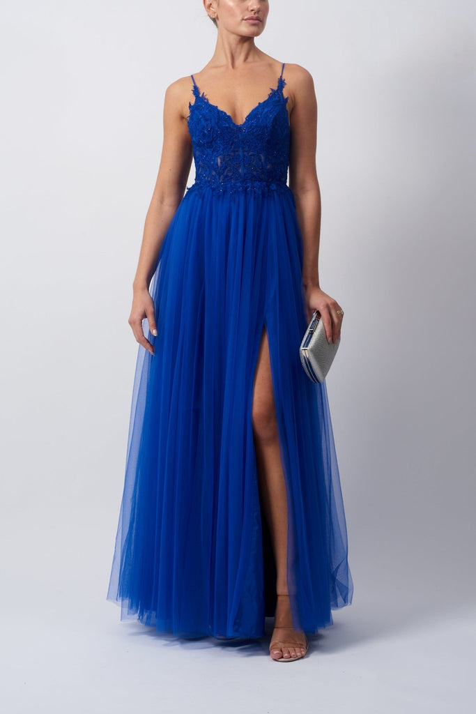 Royal Blue Corset Long Back Train Party Evening Dress (02200605) - eDressit