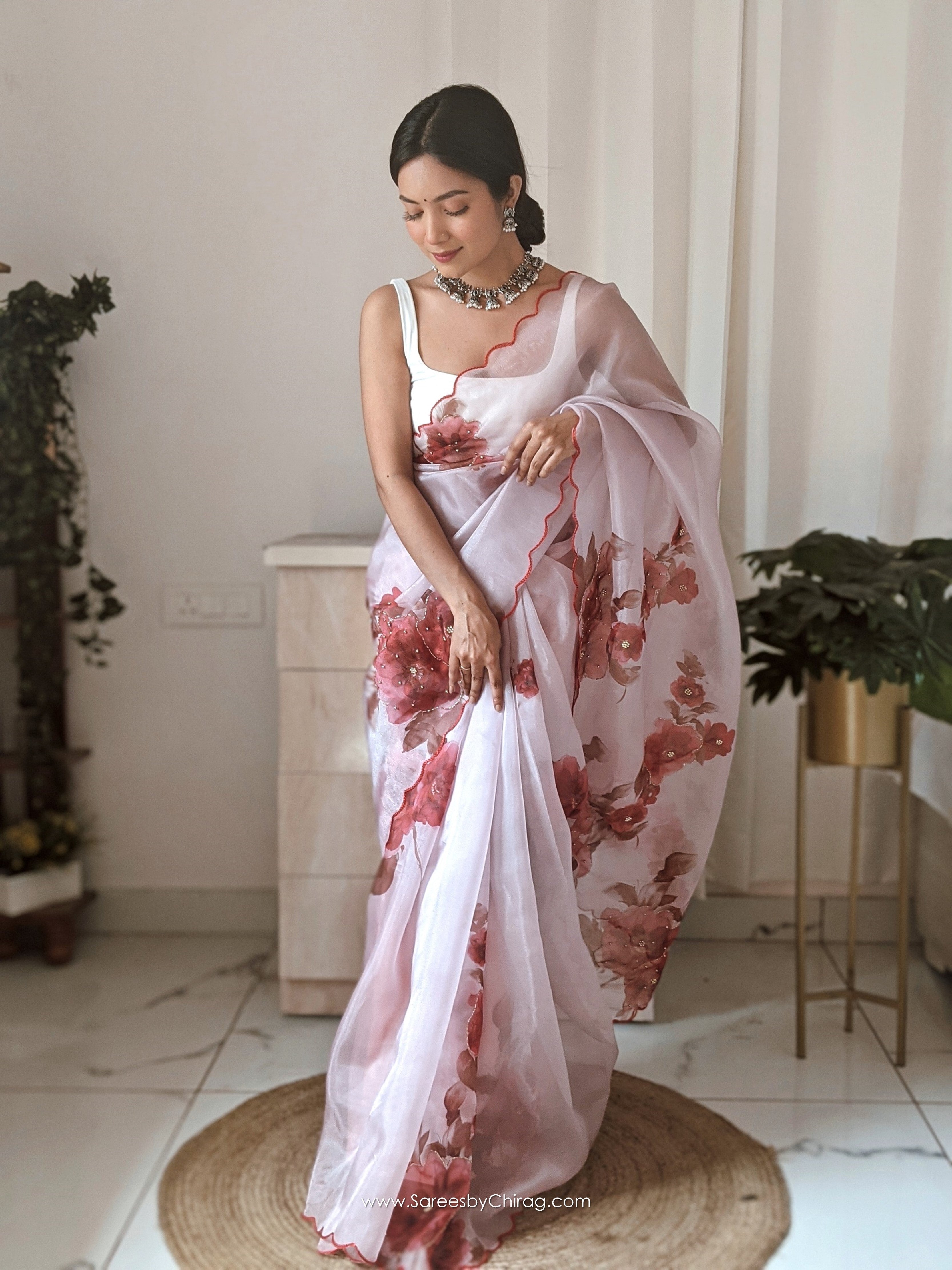 Rose Pink Floral Organza Saree – Anuki.in