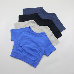 DFYNE Impact Crop Top  Seamless Short Sleeve Yoga Shirts Women Scoop Neck Slim Fit Workout Running With Logo - Pain To Beauty