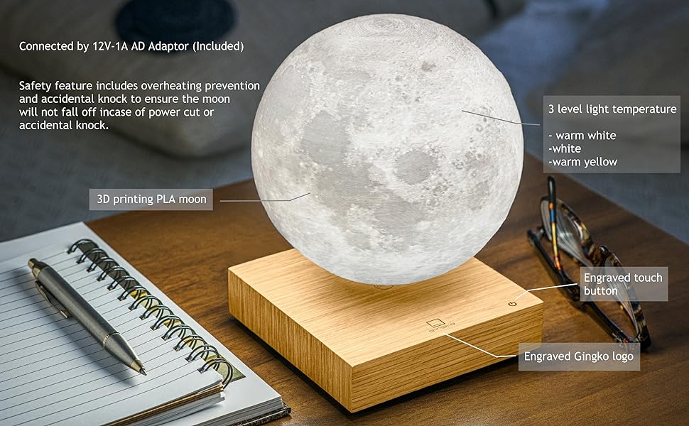 Design 3D Printed Levitating Smart LED Moon Lamp, 3 Colour Modes, Mains Adaptor Included, Packed in Premium Gift Box