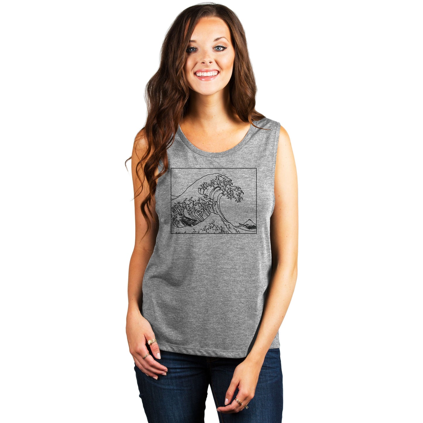 Great Waves Hokusai Women's Relaxed Muscle Tank Tee Heather Grey Model
