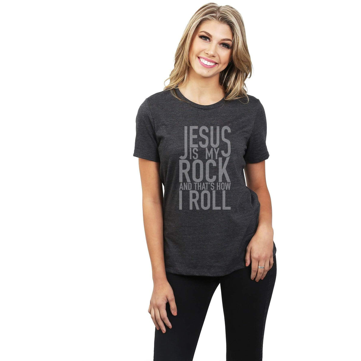 Jesus Is My Rock And Thats How I Roll Women Relaxed Crew T-Shirt Tee ...