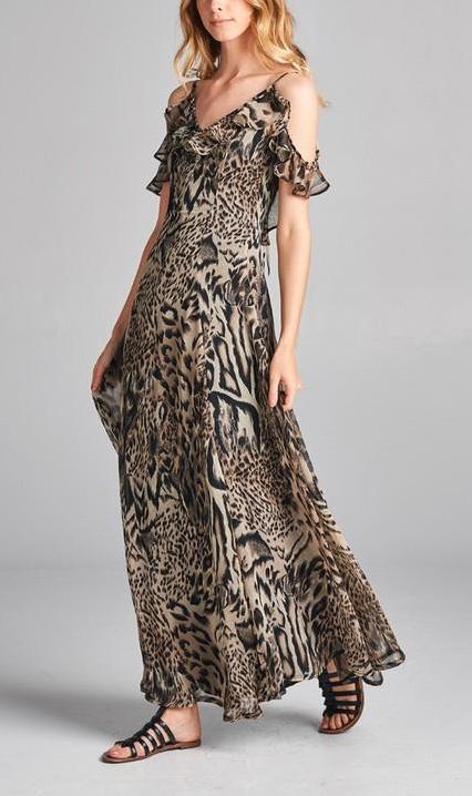 spaghetti strap leopard print maxi dress