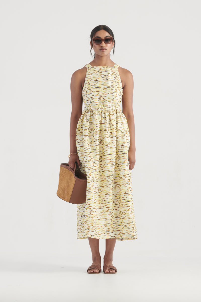 Mari Backless Linen Blend Maxi Dress in Citrus Print | Elka Collective