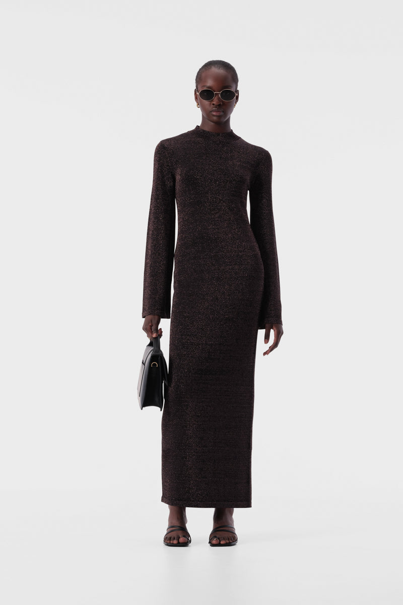 Thelma Long Sleeve Knit Midi Dress in Copper Lurex | Elka Collective