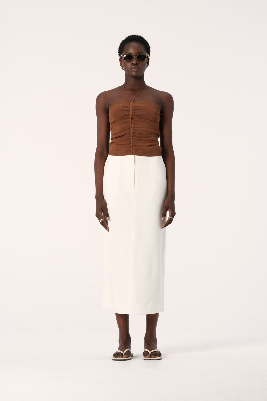 Mariolu Ruched Knit Halter Top in Camel Brown | Elka Collective