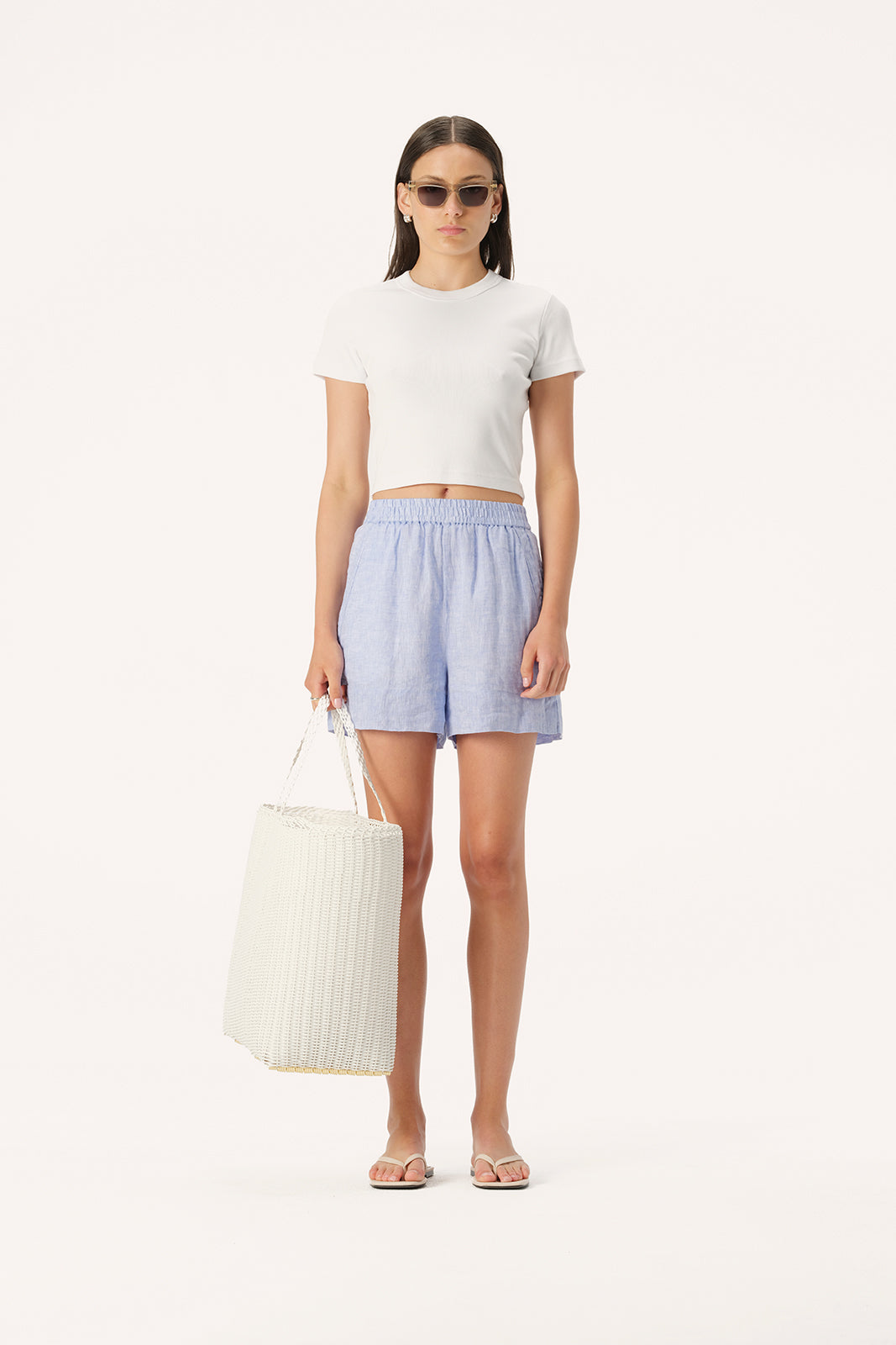 Algarve Elastic Waist Linen Shorts in Sky Blue | Elka Collective
