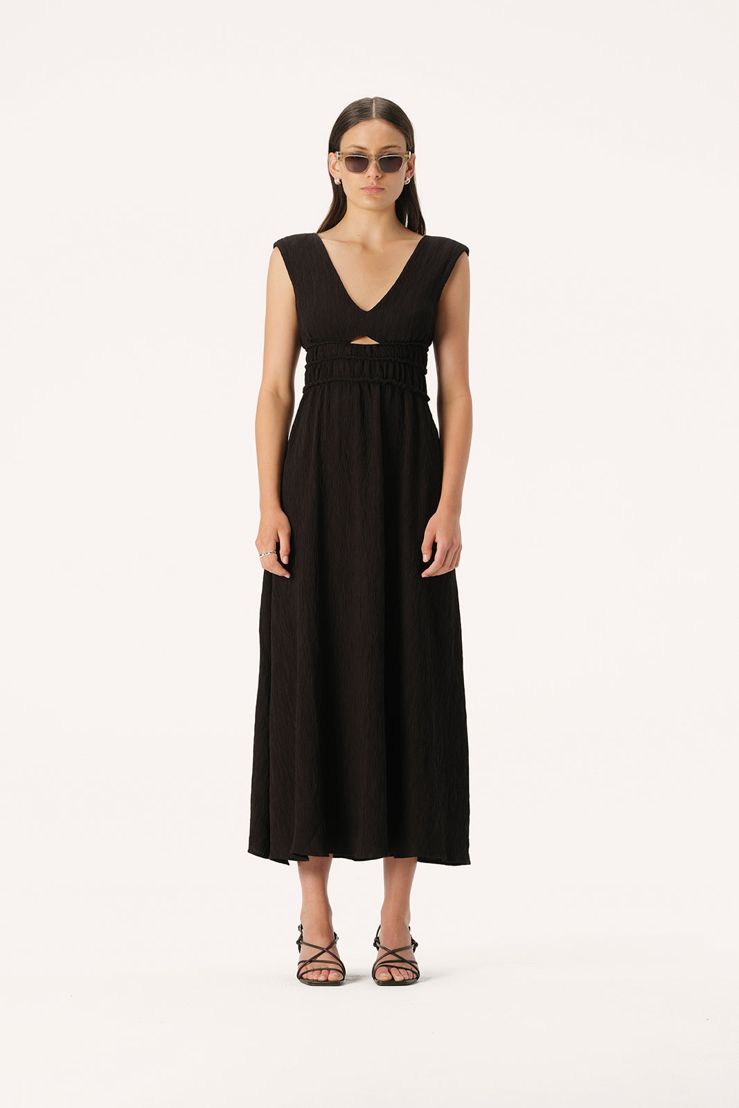 Evian Gathered Sleeveless Maxi Dress in Black | Elka Collective
