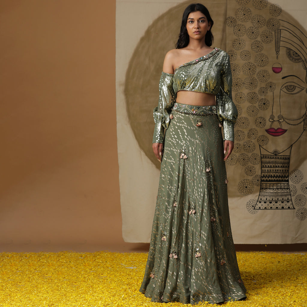 Buy Mustard Embroidered Off Shoulder Lehenga with Dupatta Online USA – Pure  Elegance