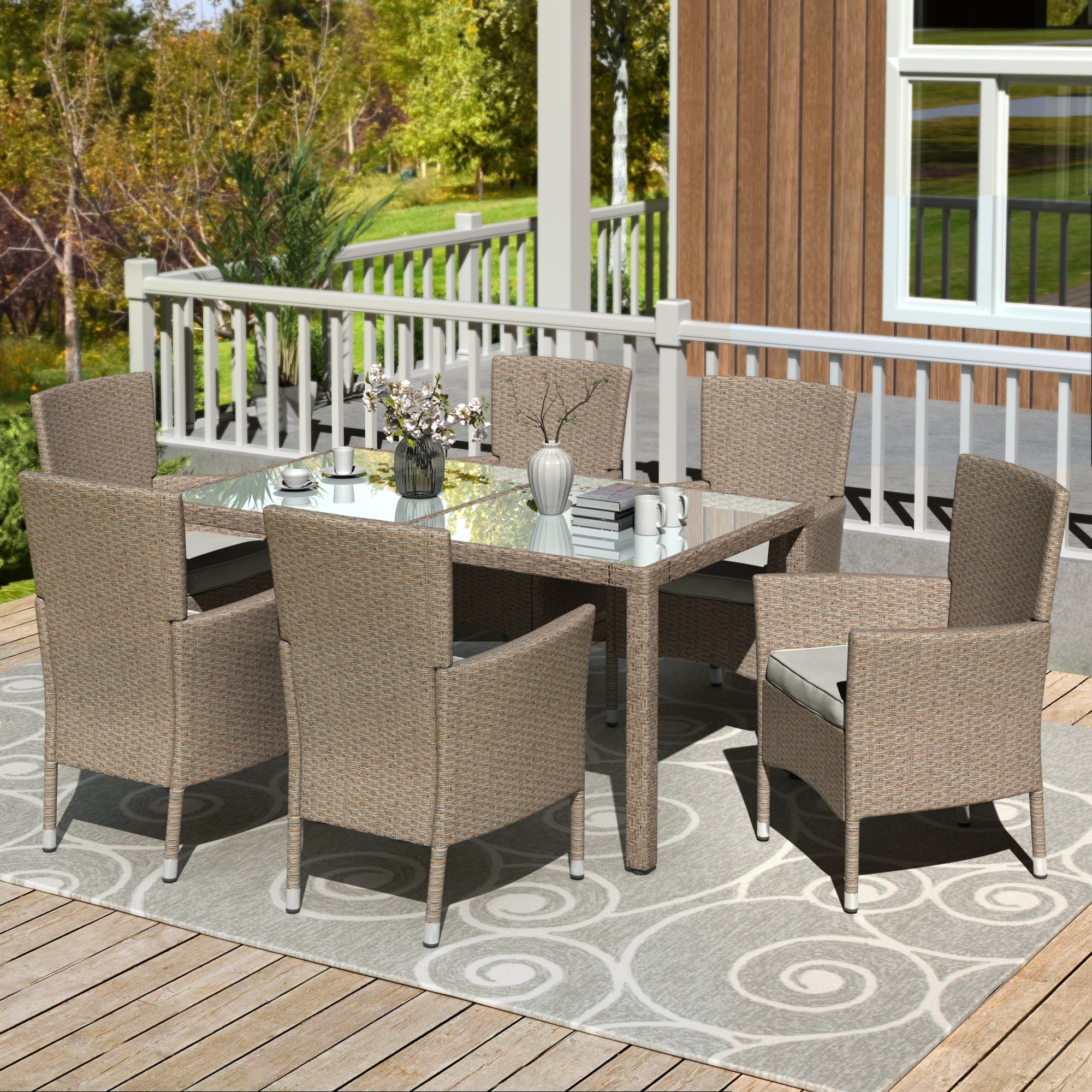 Outdoor Wicker Dining Set, 7 Piece Patio Dinning Table Beige-Brown