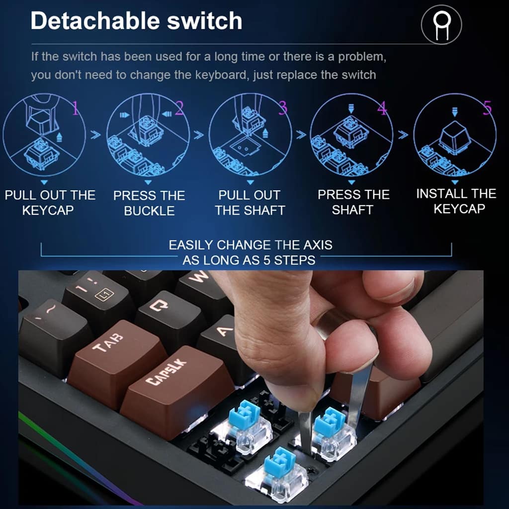Detachable switch mechanism with keycap puller for Redragon K592 AMSA mechanical gaming keyboard