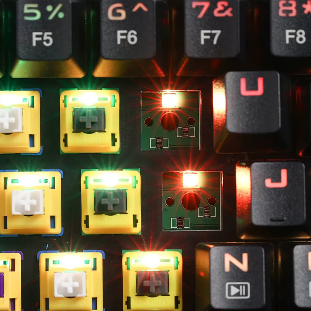 Detailed view of the Redragon K628 Pollux RGB keyboard switches and LED lighting with keycaps off