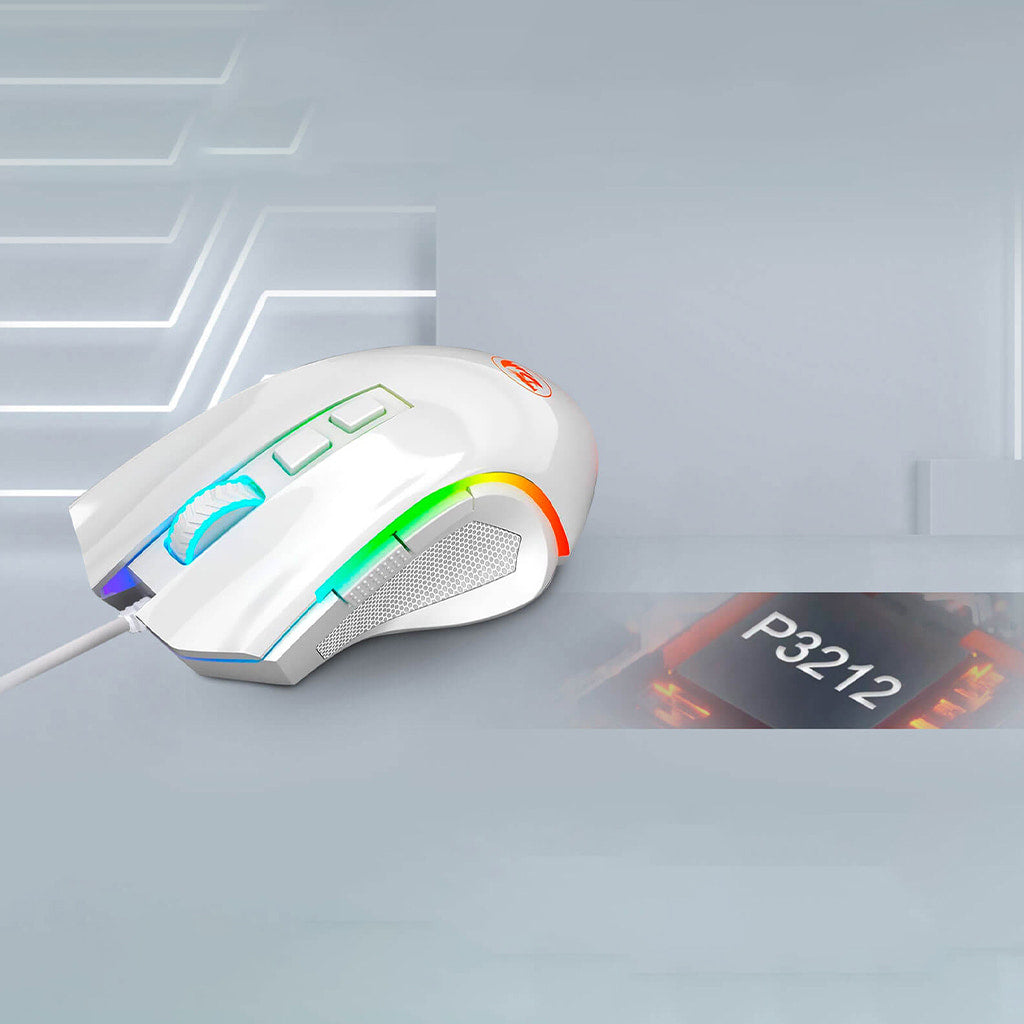 Image highlighting the P3212 sensor in the Redragon M607W Griffin White RGB gaming mouse