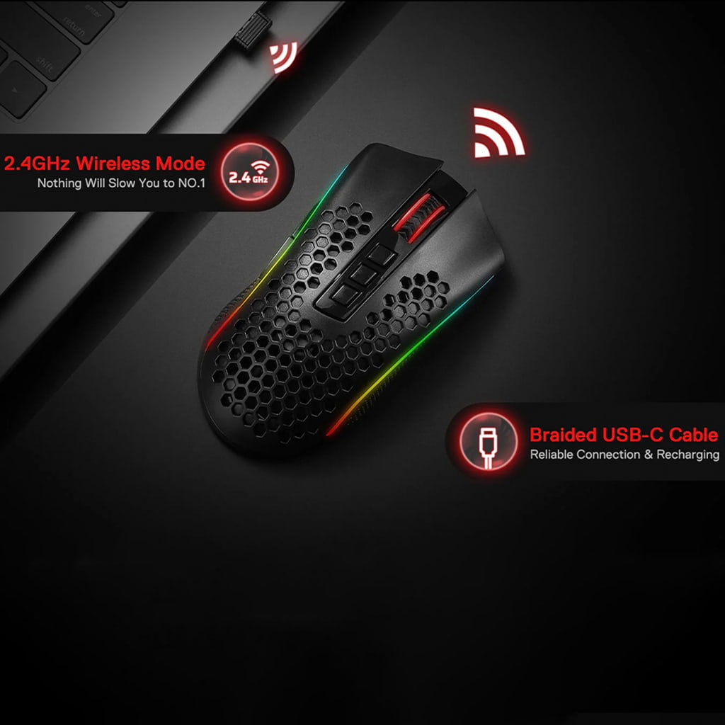 Redragon M808 Storm Pro KS Black wireless gaming mouse, emphasizing fast 2.4GHz wireless connection and reliable USB-C charging