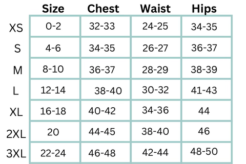 Size Chart – The Blue Charm Boutique