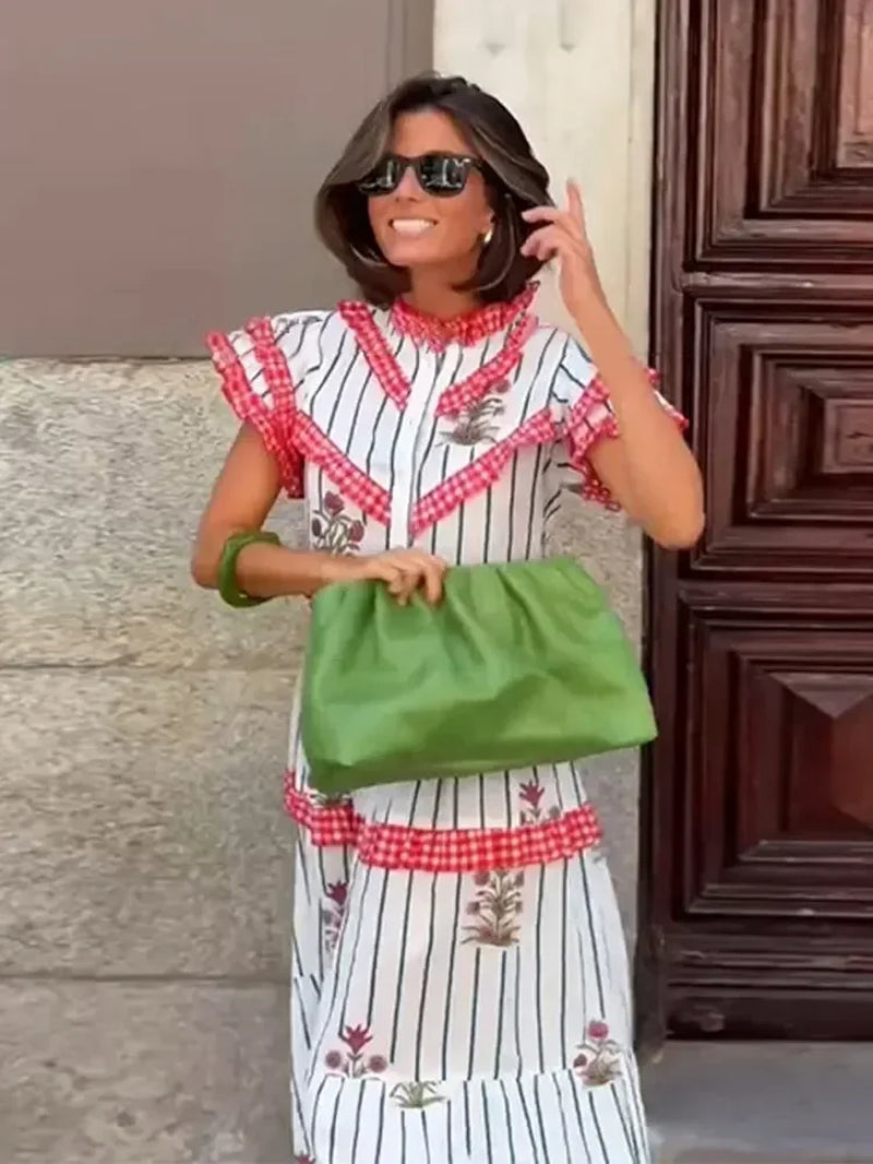 Elegant Women's Vintage Ruffled Maxi Dress with Wrap Waist - Image 4