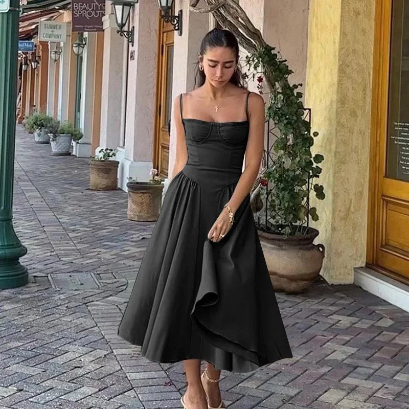 Elegant Backless Midi Dress with Pleated Suspenders for Women - Image 3