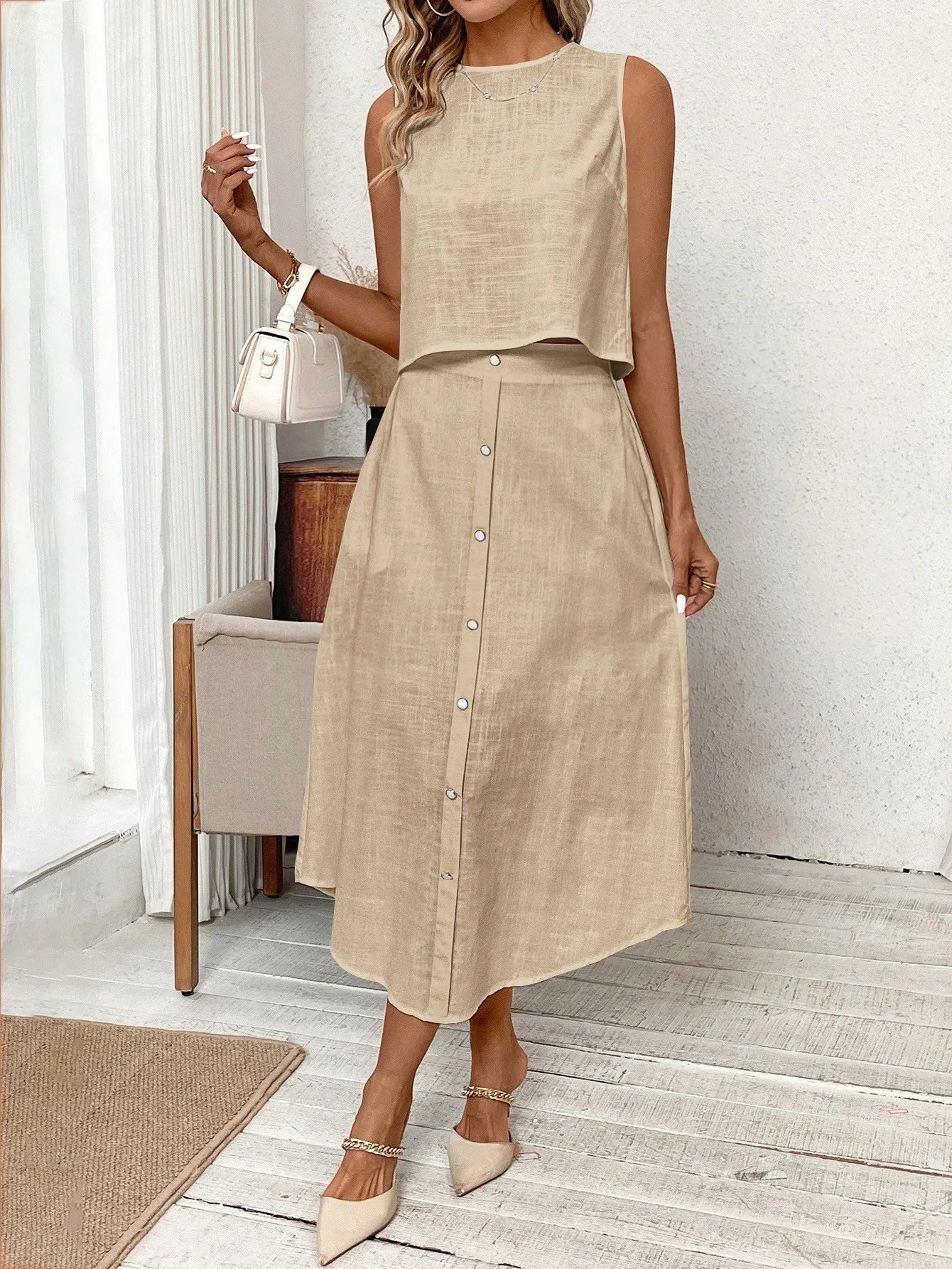 Breathable Linen Two-Piece Set: Sleeveless Vest & Skirt - Image 5