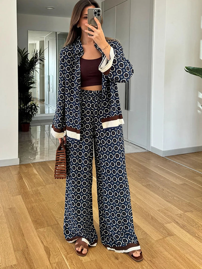 Elegant Women's Printed Long Sleeve Shirt and Wide Leg Pants Set - Image 7