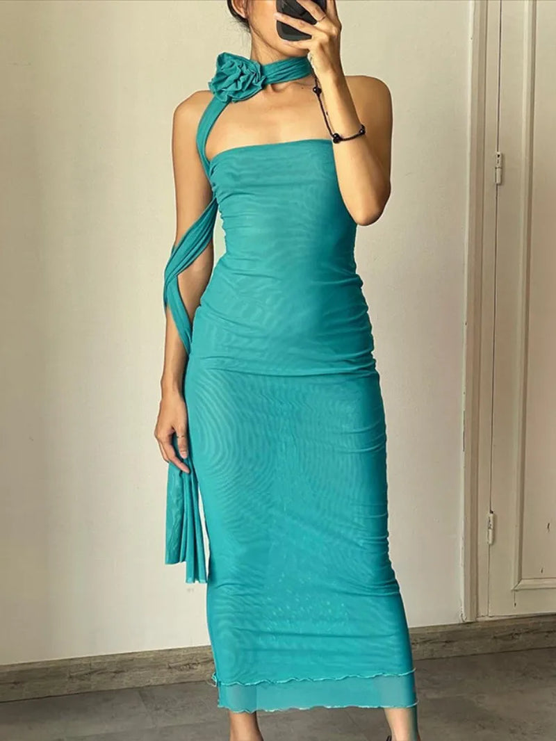 Trendy Sheer Mesh Tube Dress with Unique Flower Design - Image 6