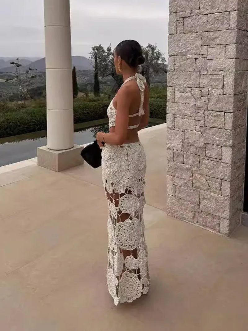 Chic Backless Crochet Knit Floral Maxi Dress - Image 5