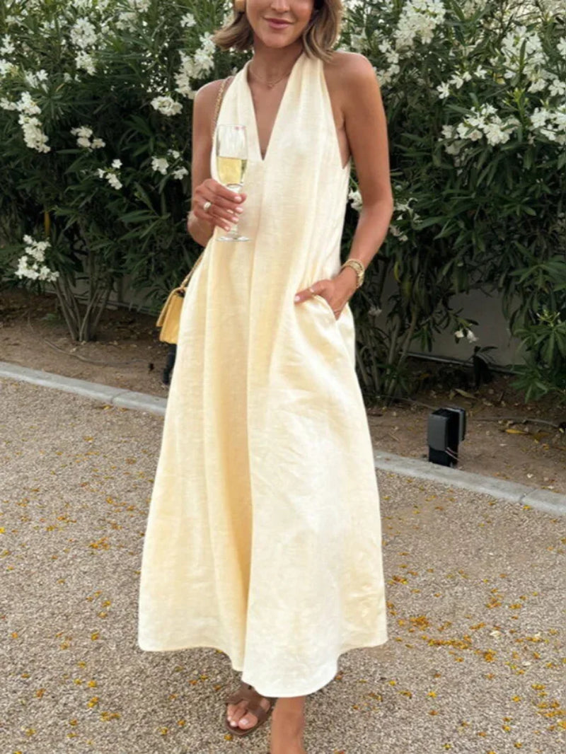 Elegant White V-Neck Halter Dress for Summer Stylish Wear - Image 3