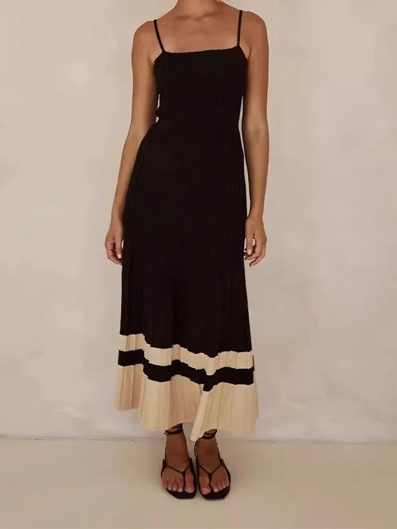 Elegant Off-Shoulder Contrast Pleated Sleeveless Dress for Summer - Image 6