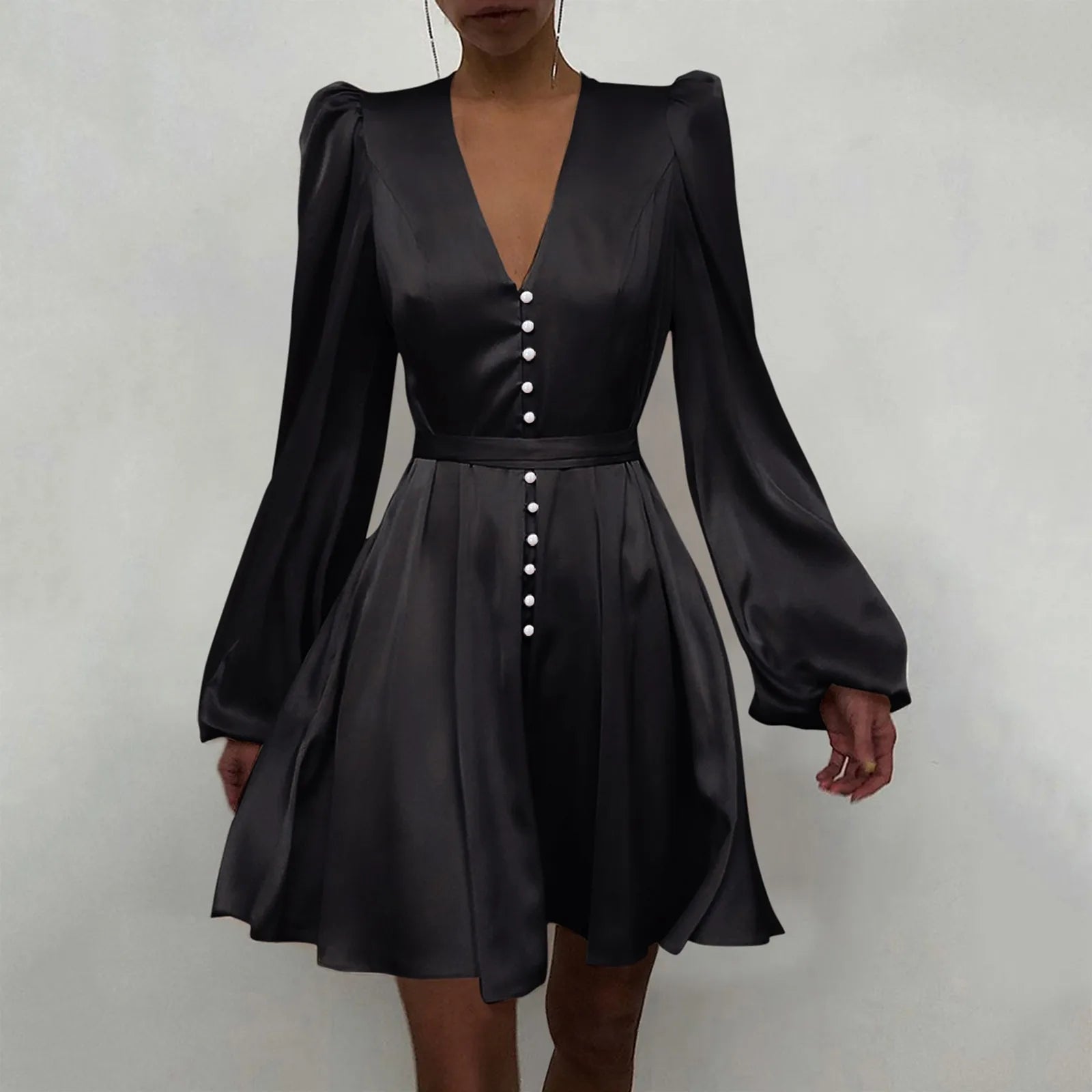 Elegant Deep V Neck Puff Sleeve Mini Dress for Parties - Image 3