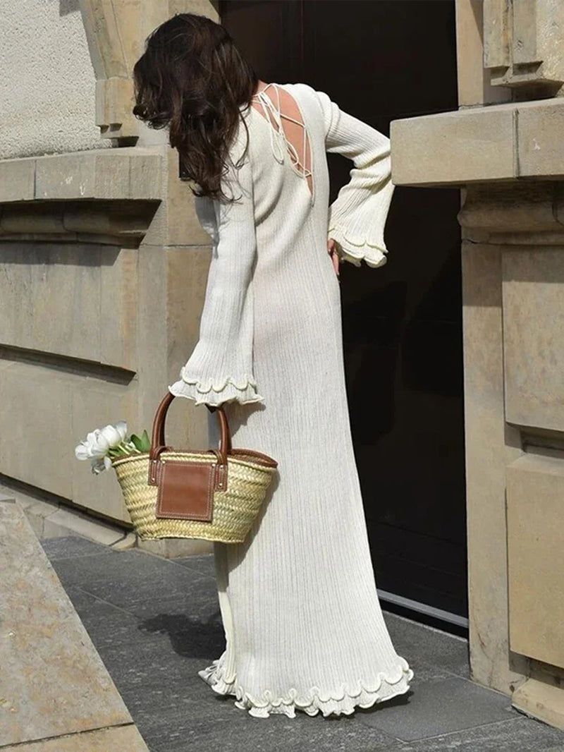 Elegant Women's Long Knitted Maxi Dress with Trumpet Sleeves - Image 5