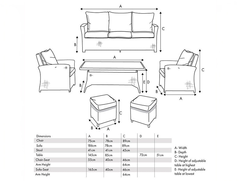 Slate Grey Barbados 3 Seater Lounge Set with Ceramic Top in specifications and measurements.