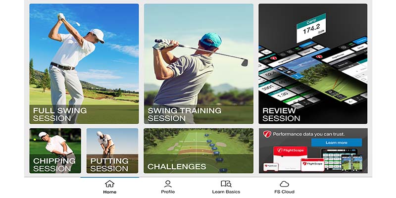 FlightScope app interface showcasing various golf training sessions.