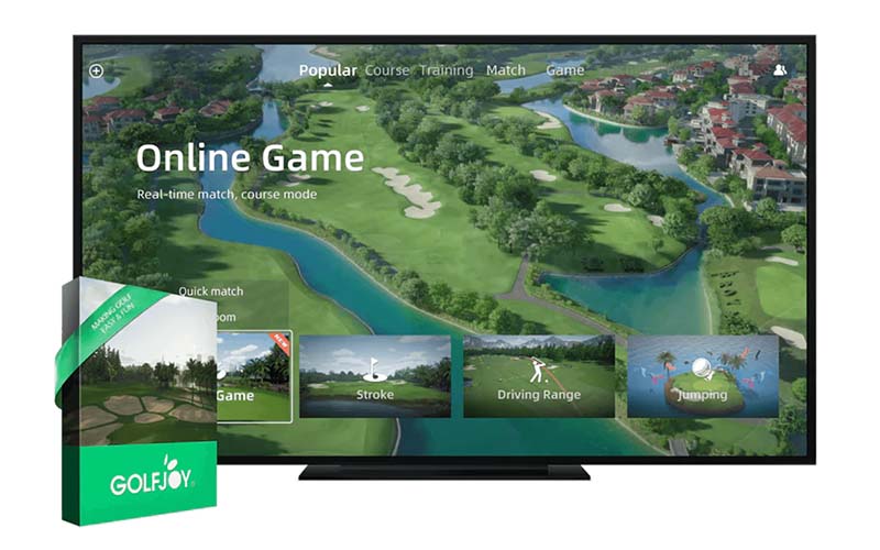 Golfjoy simulation software displayed on large screen with packaging on the left.