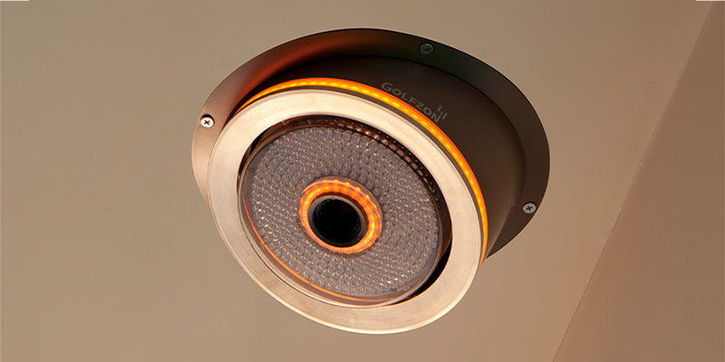 Ceiling-mounted sensor for Golfzon Vision Premium T1 simulator.