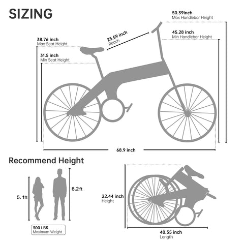 Yamee XL Plus Folding Electric Bike Geometry Dimensions