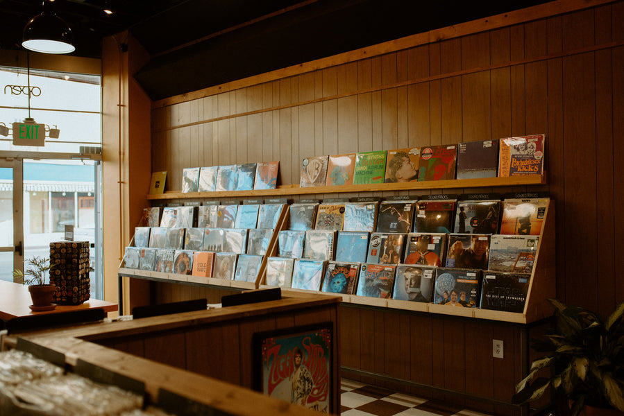 The entrance of Square Cat, showing the new releases shelf.