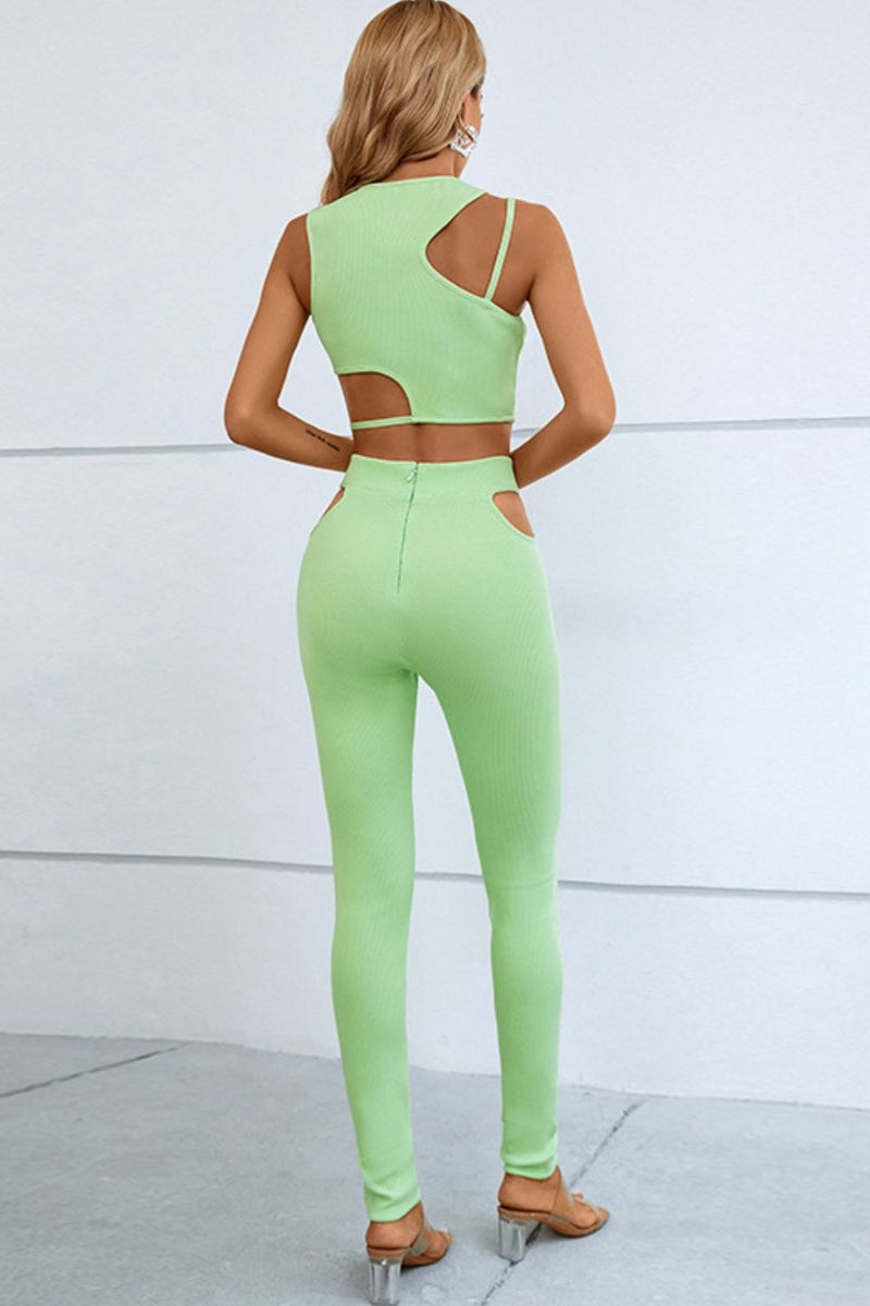 Asymmetrical Ribbed Cutout Tank and Pants Set - Queen Energy Boutique
