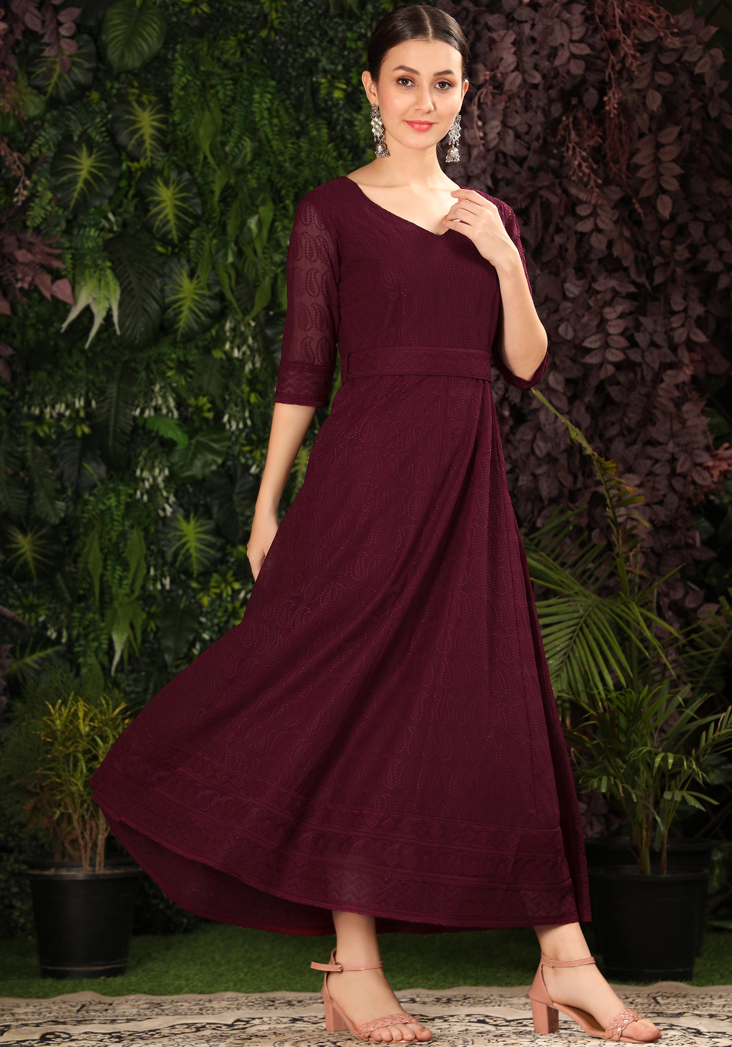 Buy SCAKHI Embellished Full Length Crepe Woven Women's Gathered Gown With  Dupatta | Shoppers Stop