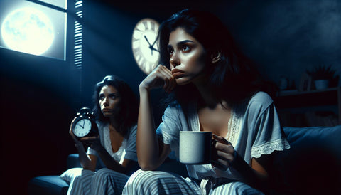 Mom sitting on her bed at night time with her head resting on her hand